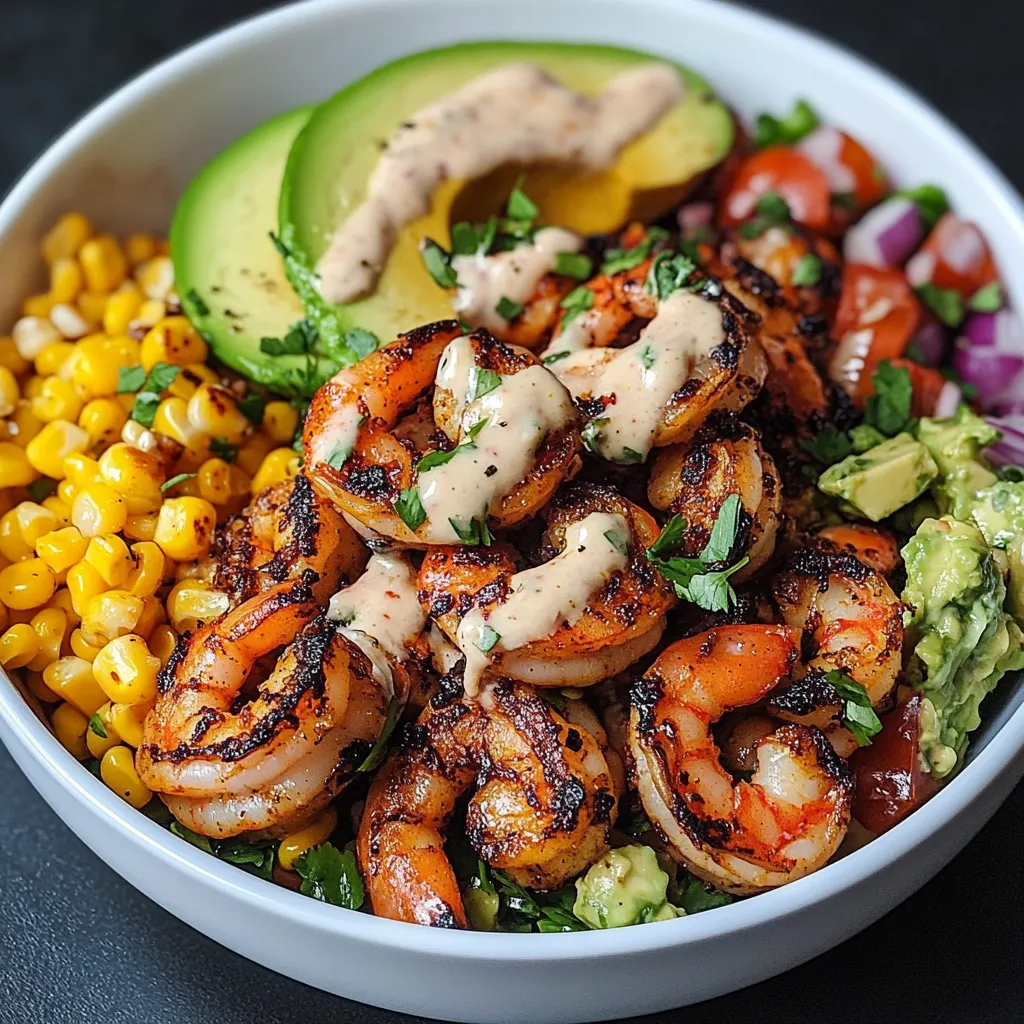 Grilled Shrimp Bowl with Avocado, Corn Salsa & Creamy Garlic Sauce