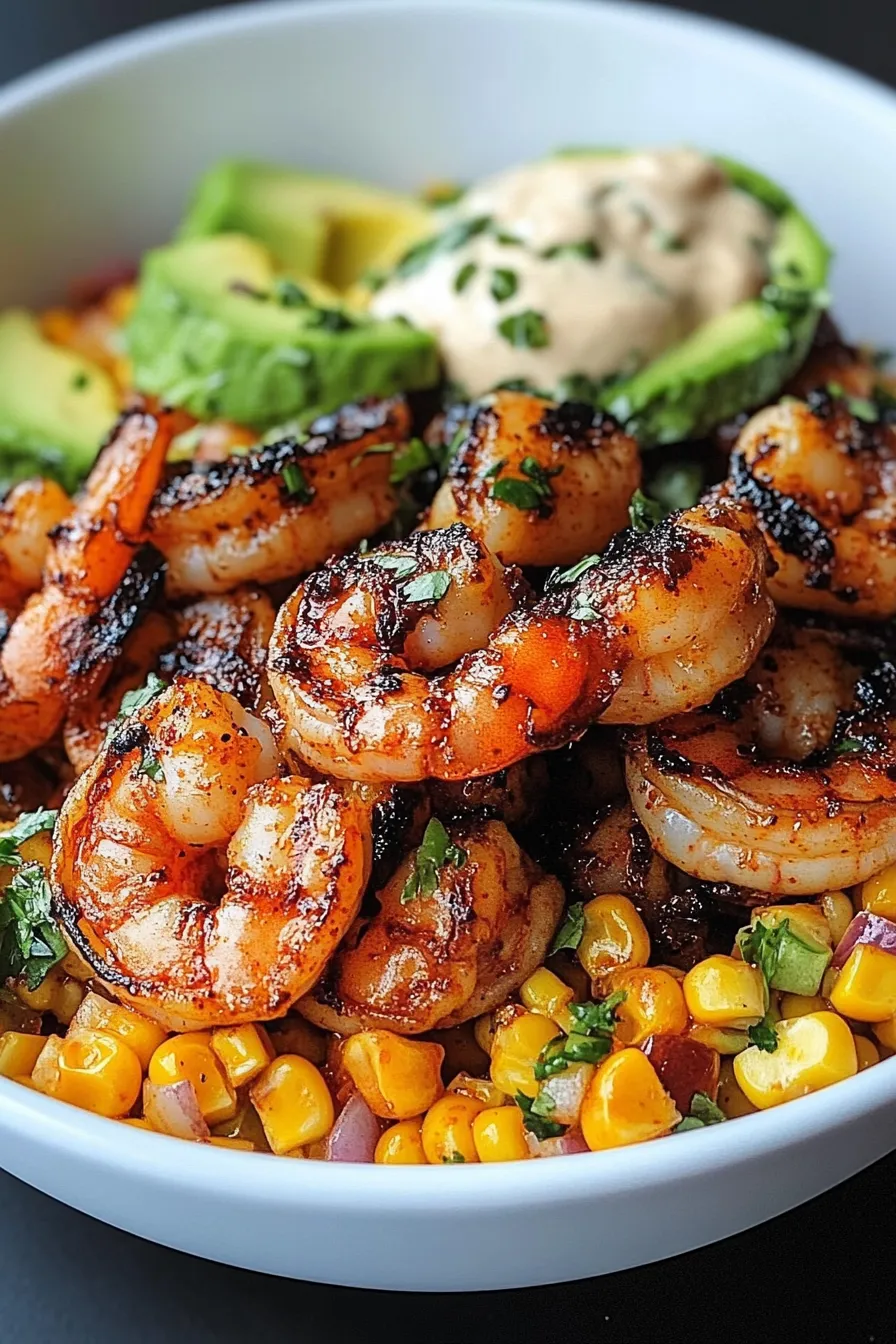 Grilled Shrimp Bowl with Avocado, Corn Salsa & Creamy Garlic Sauce