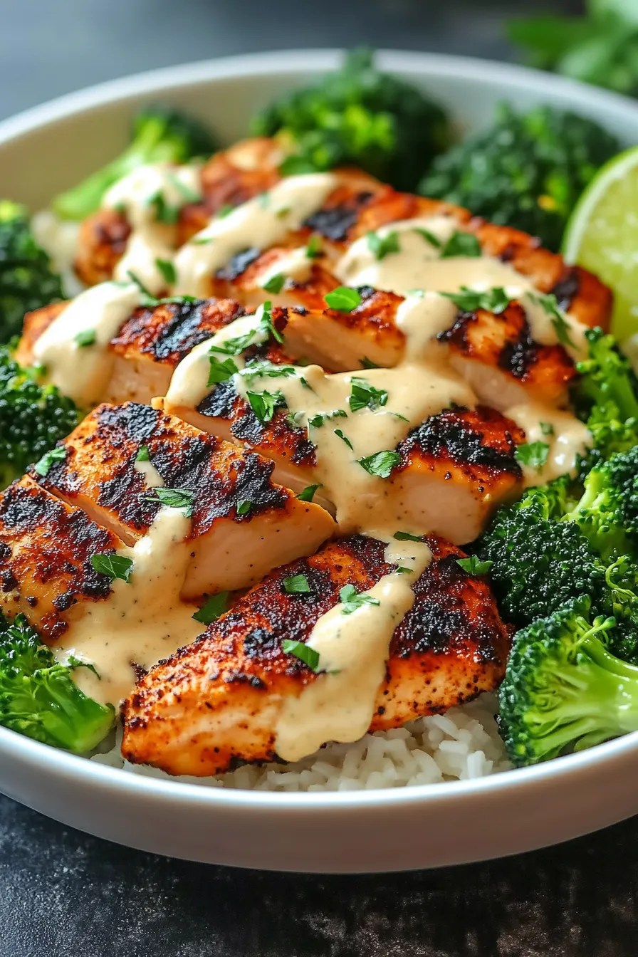 Grilled Chicken & Broccoli Bowls with Creamy Garlic Sauce