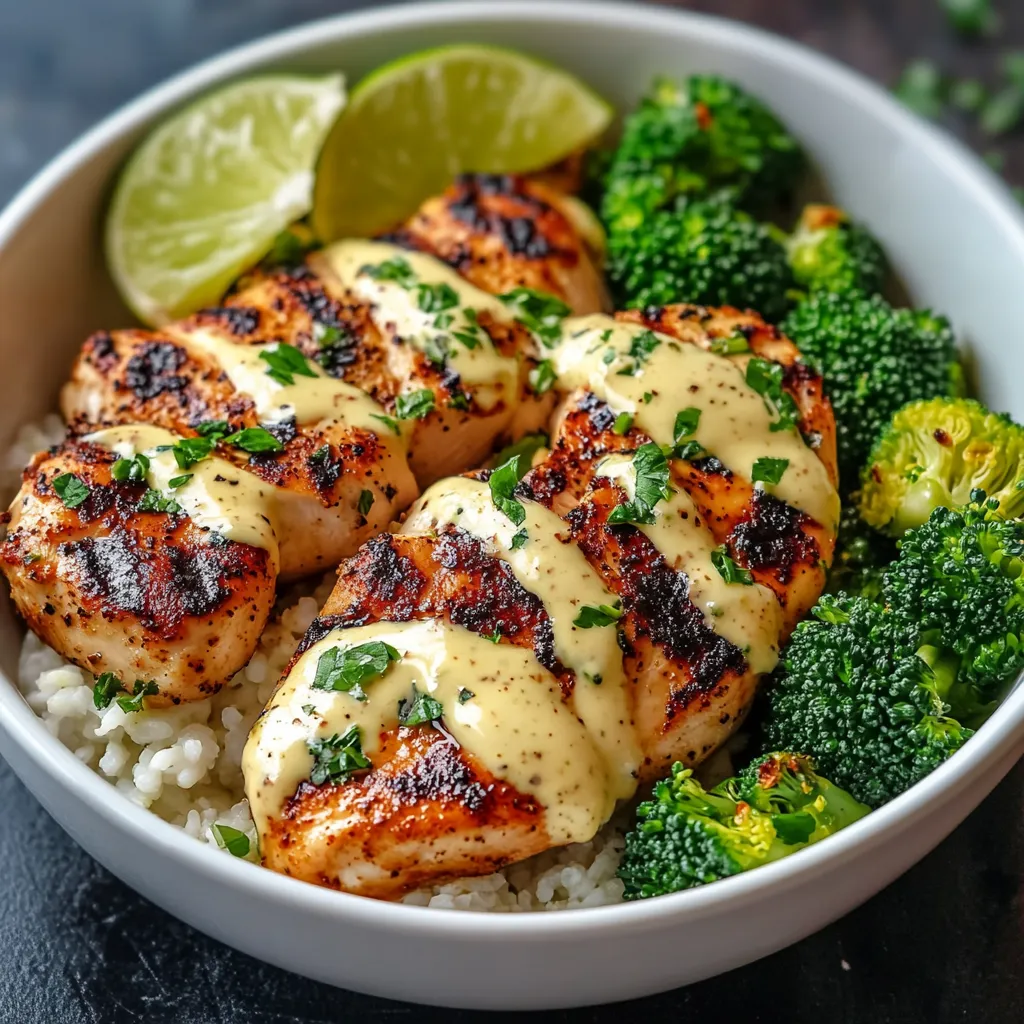 Grilled Chicken & Broccoli Bowls with Creamy Garlic Sauce