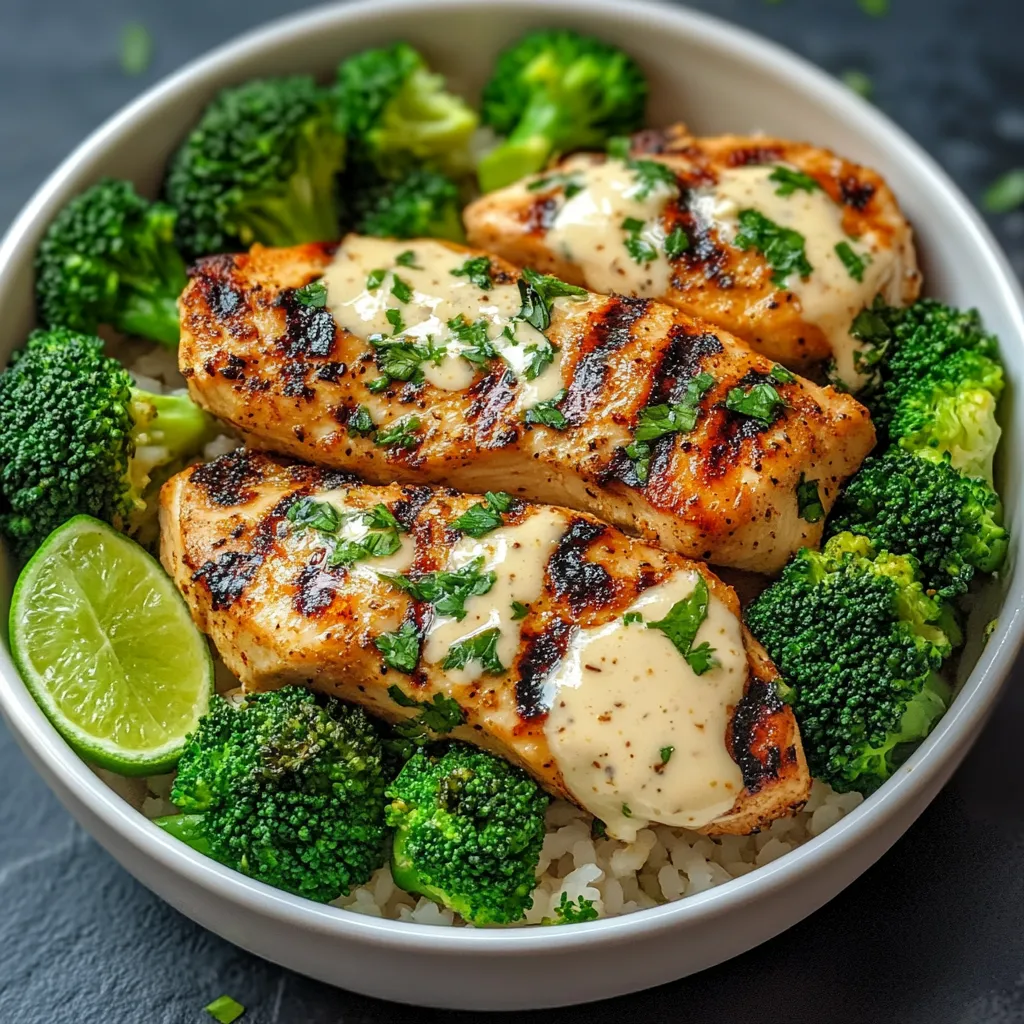 Grilled Chicken & Broccoli Bowls with Creamy Garlic Sauce