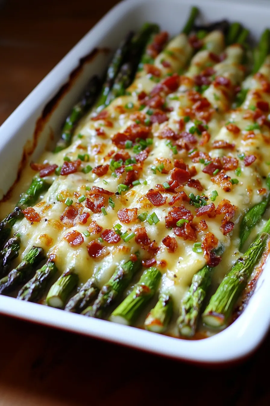 Cheesy Baked Asparagus with Gruyere cheese, Garlic, and Bacon