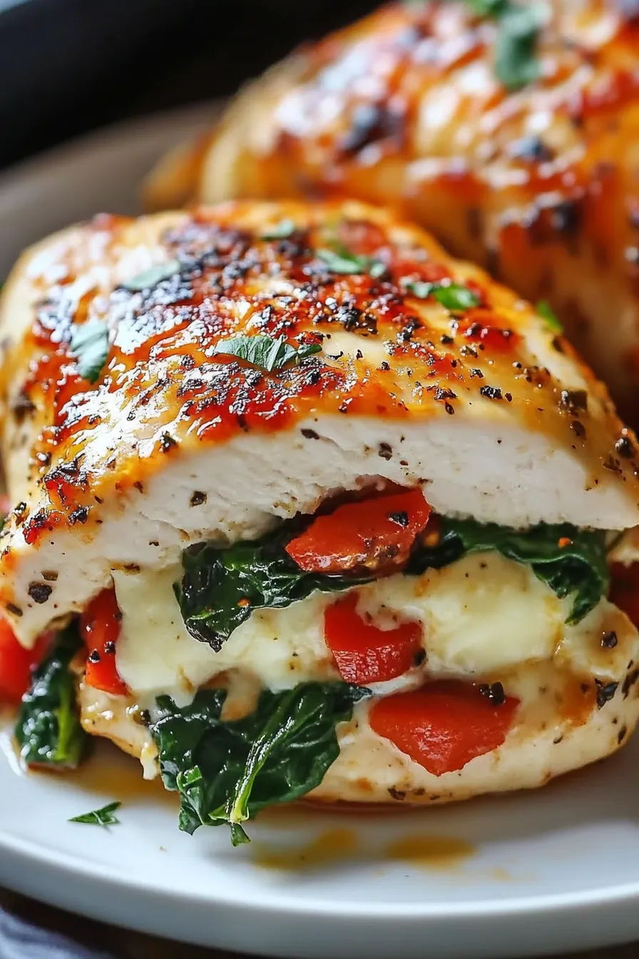 Roasted Red Pepper, Spinach, and Mozzarella Stuffed Chicken