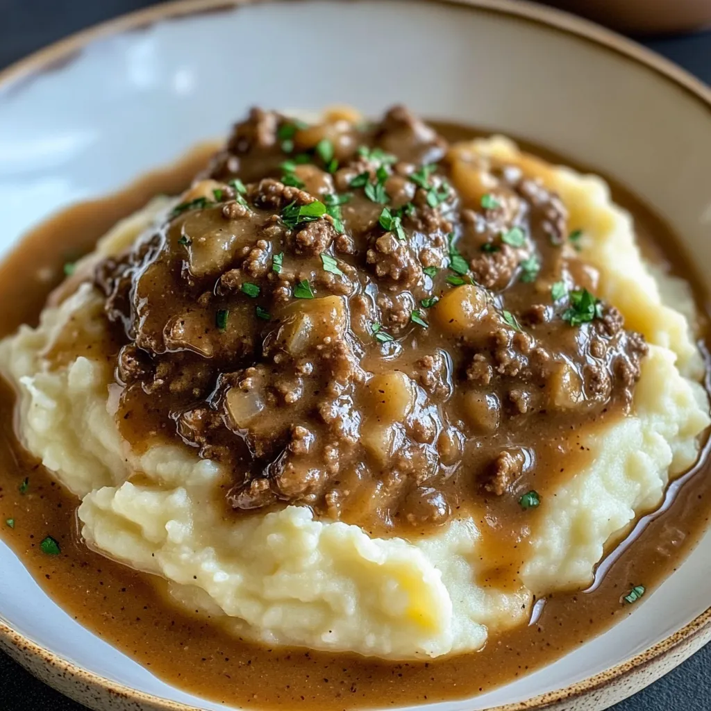 Ground Beef and Gravy Over Mashed Potatoes