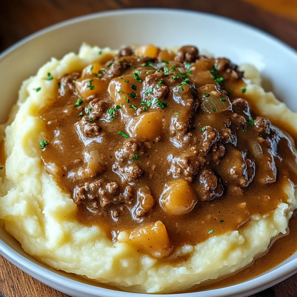 Ground Beef and Gravy Over Mashed Potatoes