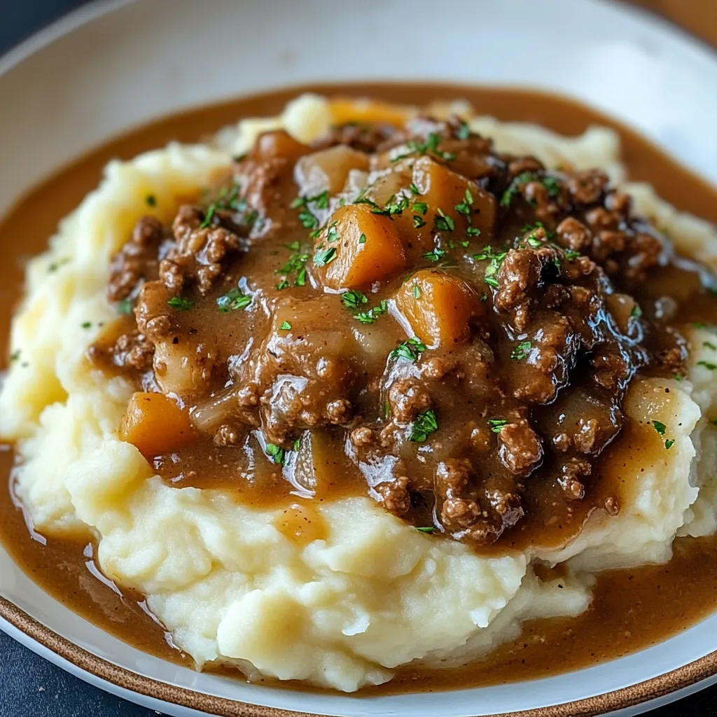Ground Beef and Gravy Over Mashed Potatoes