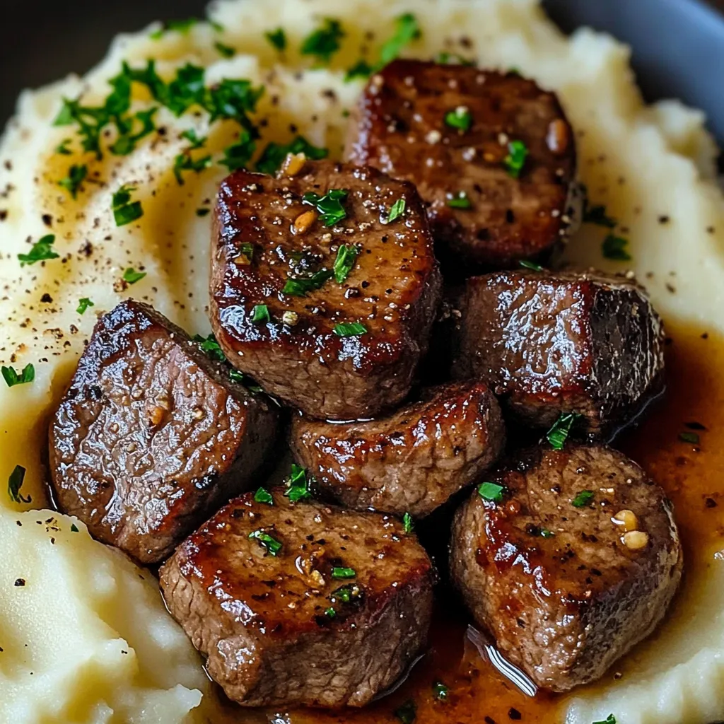 Garlic Butter Beef Bites with Creamy Mashed Potatoes