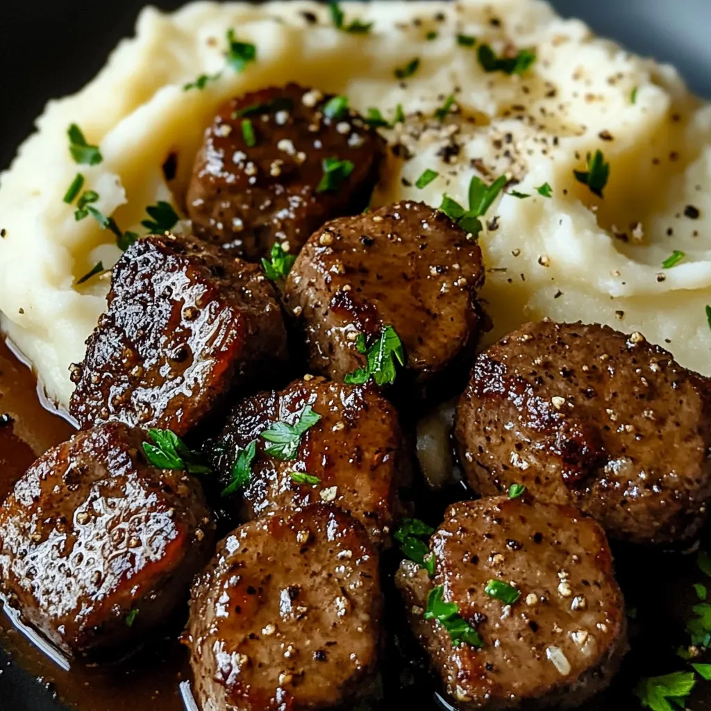 Garlic Butter Beef Bites with Creamy Mashed Potatoes