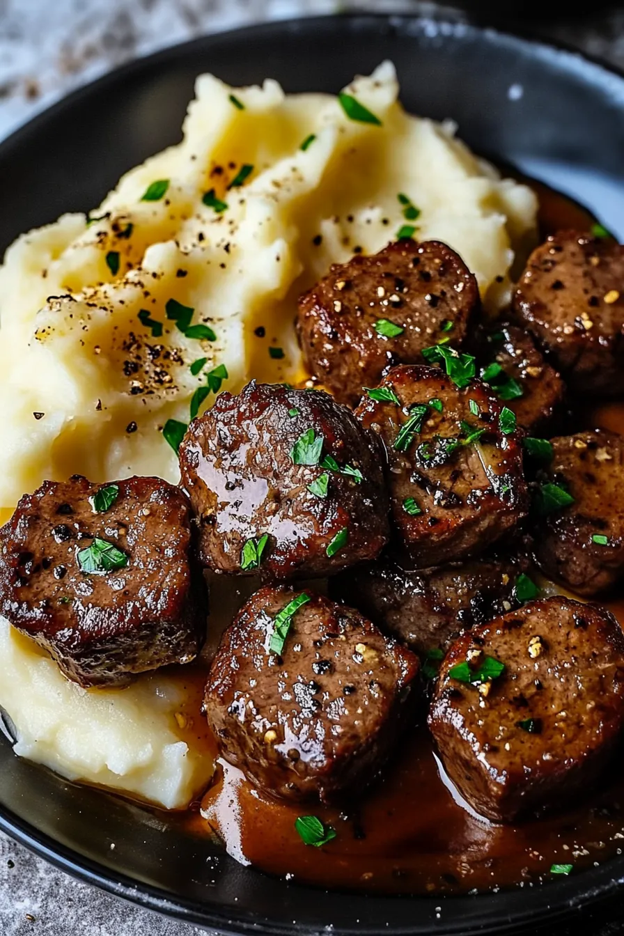 Garlic Butter Beef Bites with Creamy Mashed Potatoes