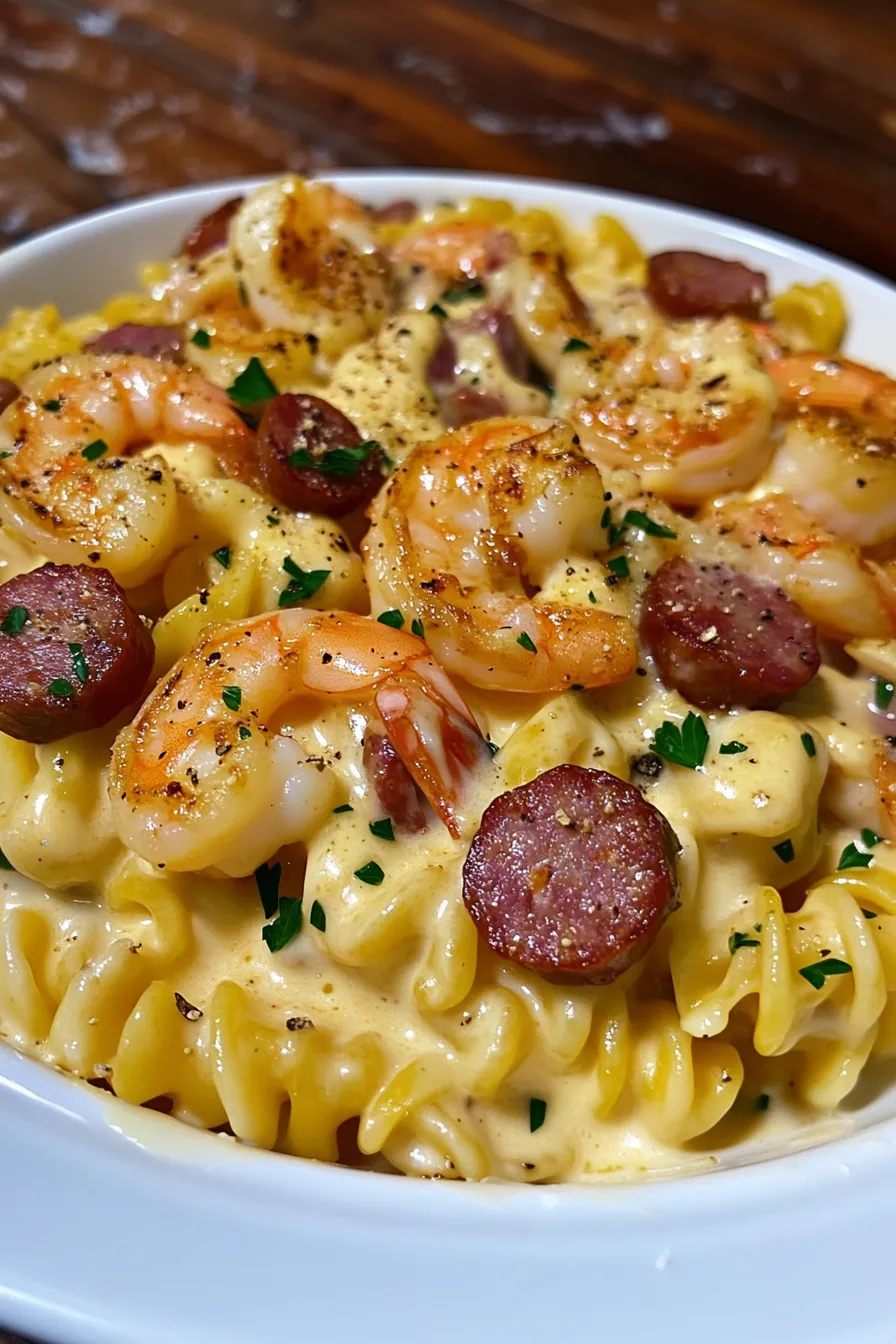 CHEESY SHRIMP, SAUSAGE & BACON PASTA
