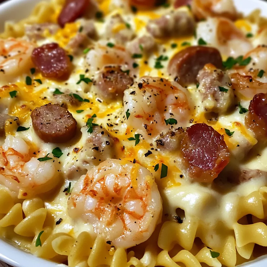 CHEESY SHRIMP, SAUSAGE & BACON PASTA