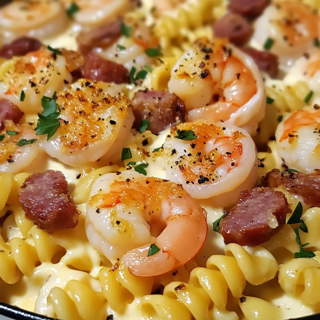 CHEESY SHRIMP, SAUSAGE & BACON PASTA