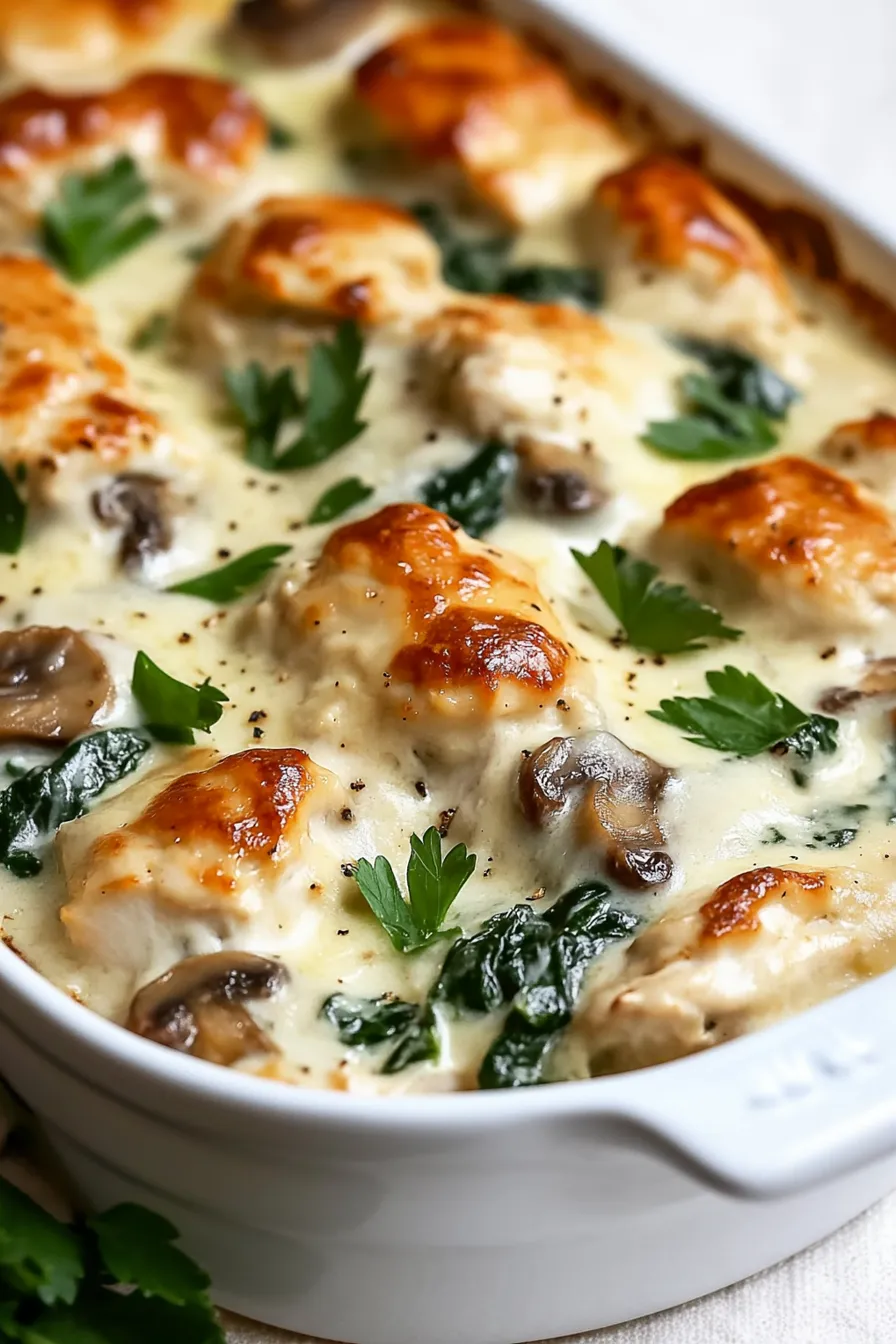 Creamy Chicken Casserole with Spinach, Mushrooms, and Melted Mozzarella