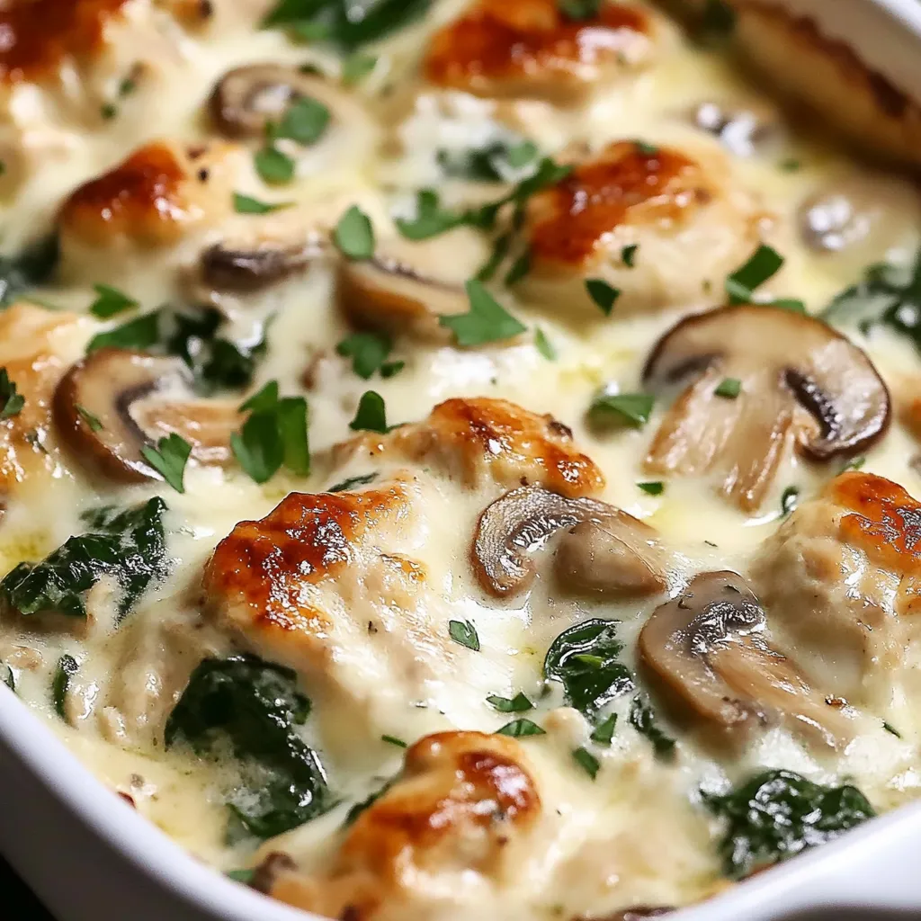 Creamy Chicken Casserole with Spinach, Mushrooms, and Melted Mozzarella
