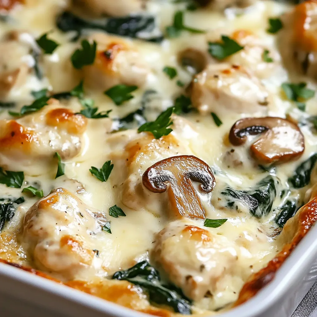 Creamy Chicken Casserole with Spinach, Mushrooms, and Melted Mozzarella