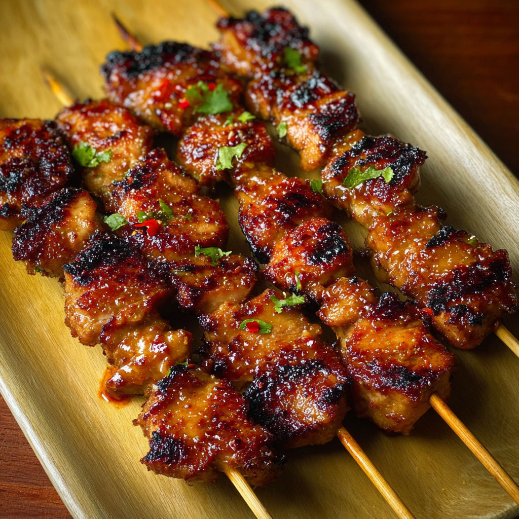 Juicy Thai coconut chicken skewers grilled to smoky perfection on a platter.