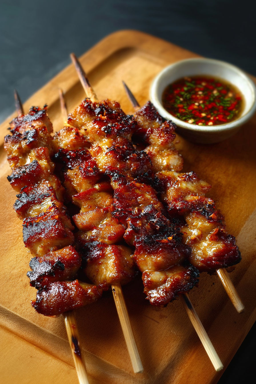 A delicious recipe for grilled meat skewers with a spicy dipping sauce.