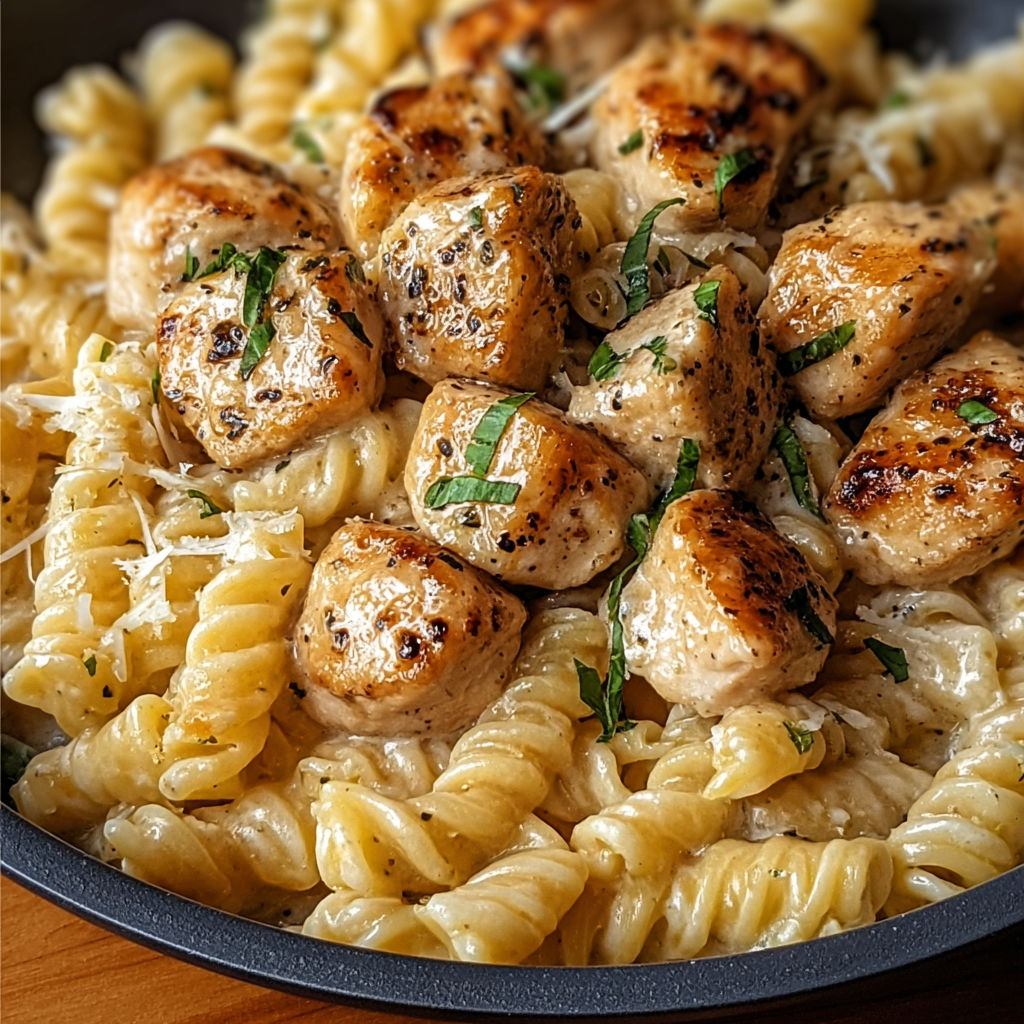 A bowl of pasta with chicken and vegetables, including broccoli and spinach.