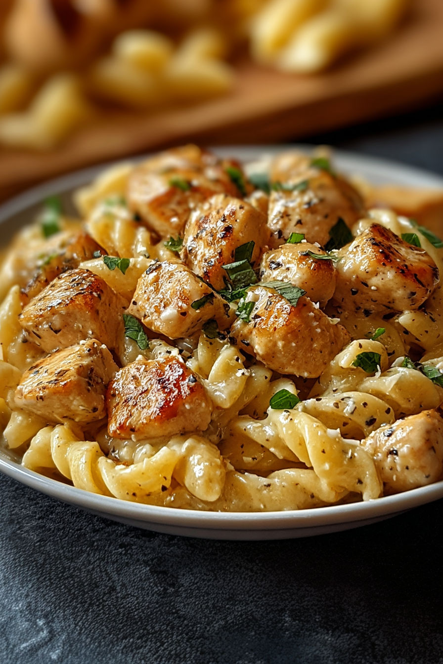A bowl of pasta with chicken and herbs on top.