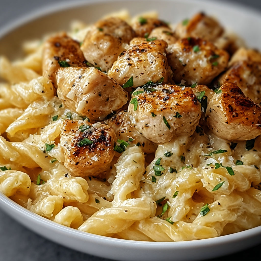 A bowl filled with creamy parmesan pasta topped with garlic butter chicken bites.