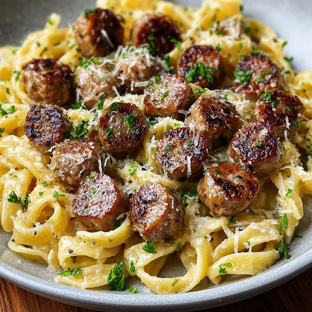 A plate of garlic butter sausage bites with creamy Parmesan pasta.