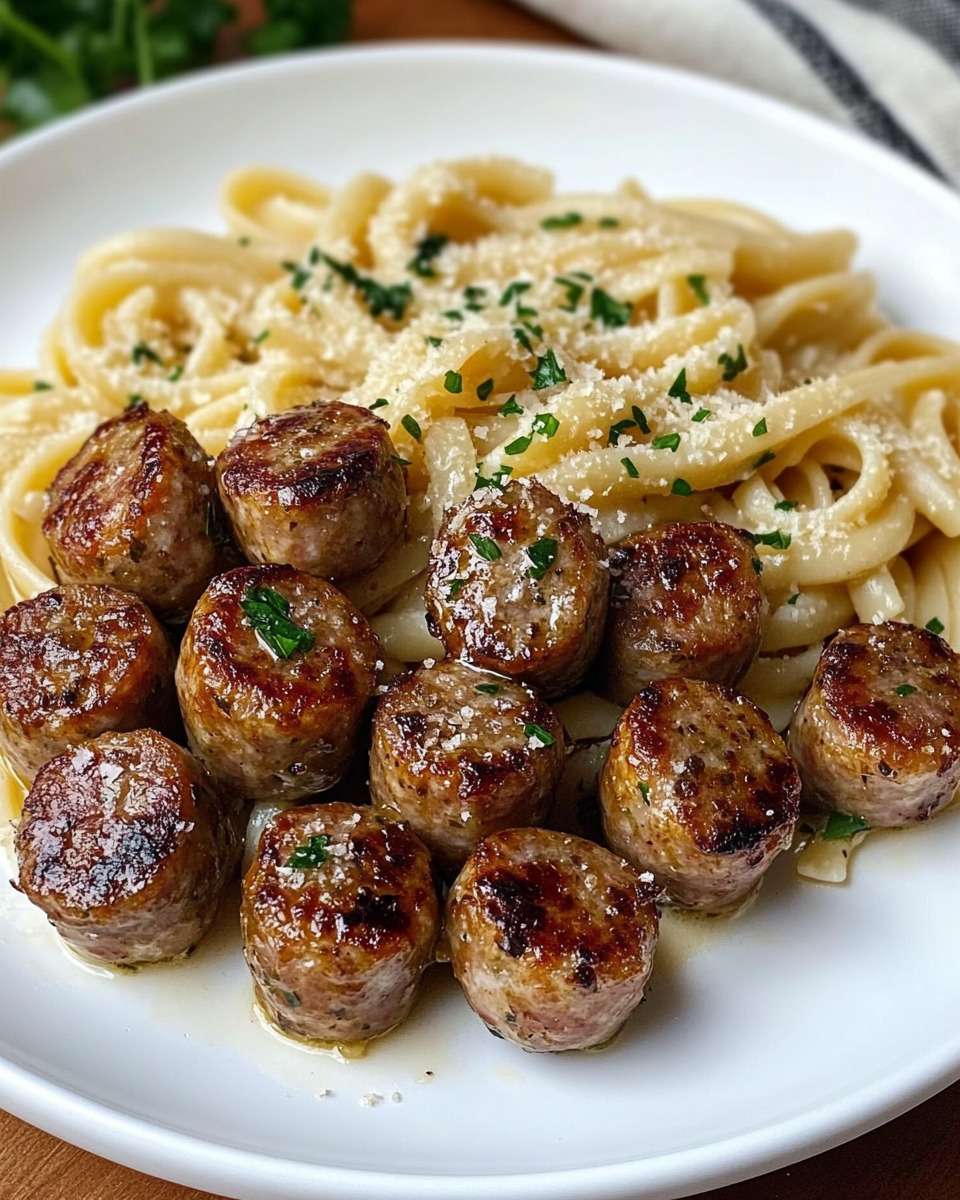 A plate of garlic butter sausage bites with creamy Parmesan pasta.