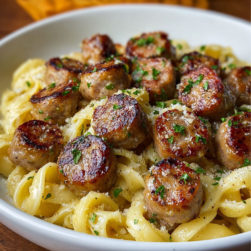 Pasta bowl topped with garlic butter sausage bits, ready to munch.