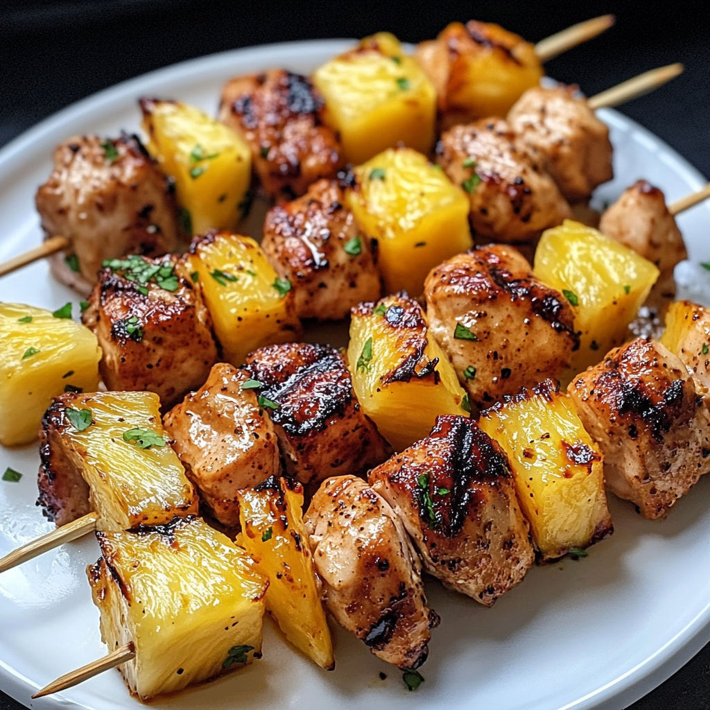 Close-up shot of smoky, golden Al Pastor Skewers served on a plate.