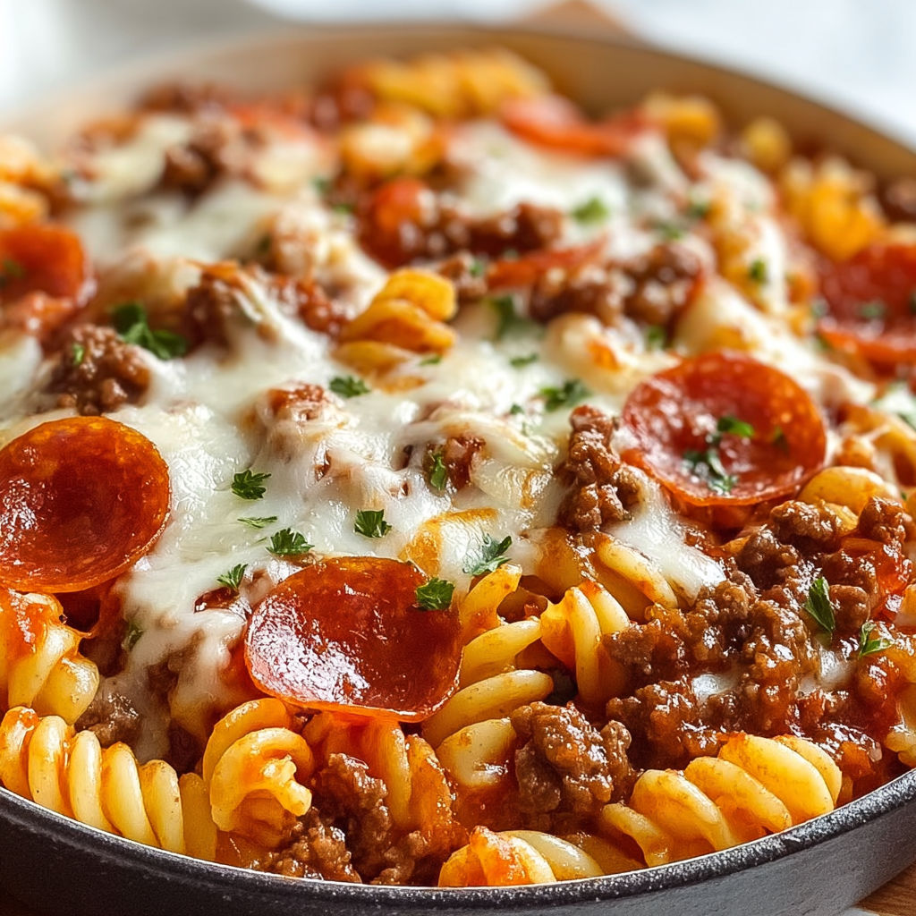 A comforting bowl of meaty casserole with pasta, cheese, and hearty toppings.