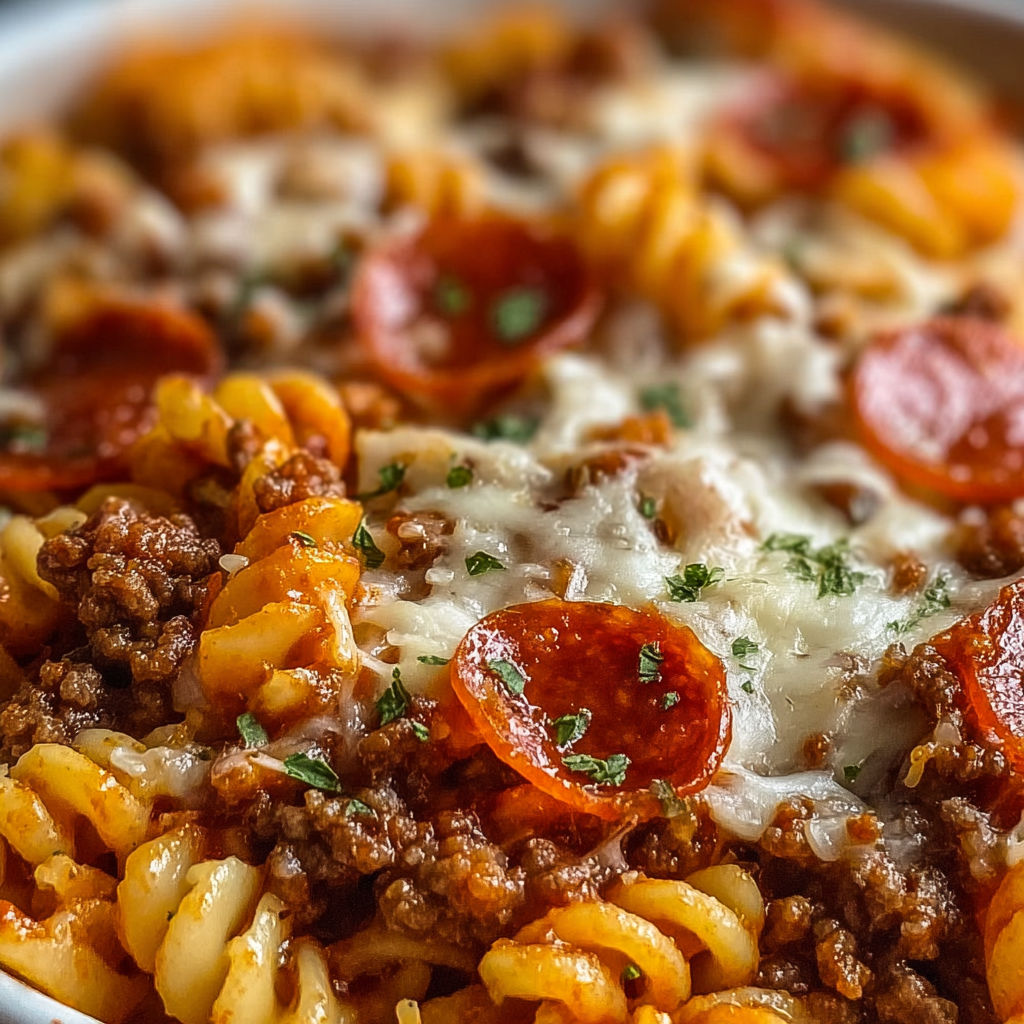 A tasty pasta mix with meat and pepperoni, shown in a white dish.