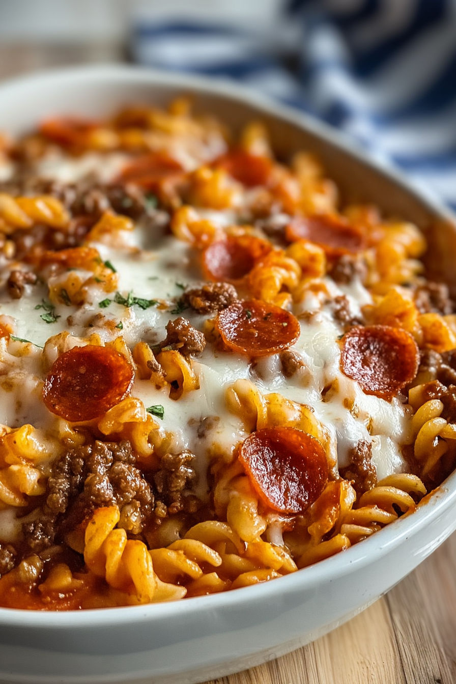 A pasta bowl filled with pepperoni and cheese, waiting to be enjoyed.