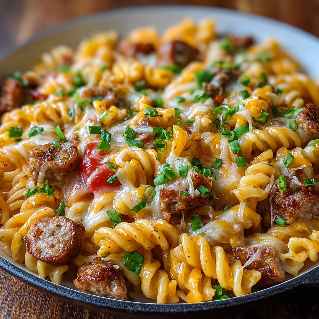 A mouthwatering cheesy sausage pasta skillet served fresh.