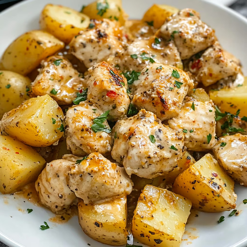 Tender chicken and potatoes drizzled with a creamy garlic parmesan sauce.