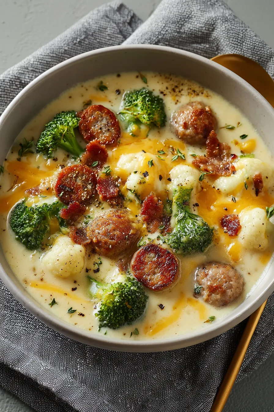 Broccoli Cauliflower Cheese Soup with Sausage