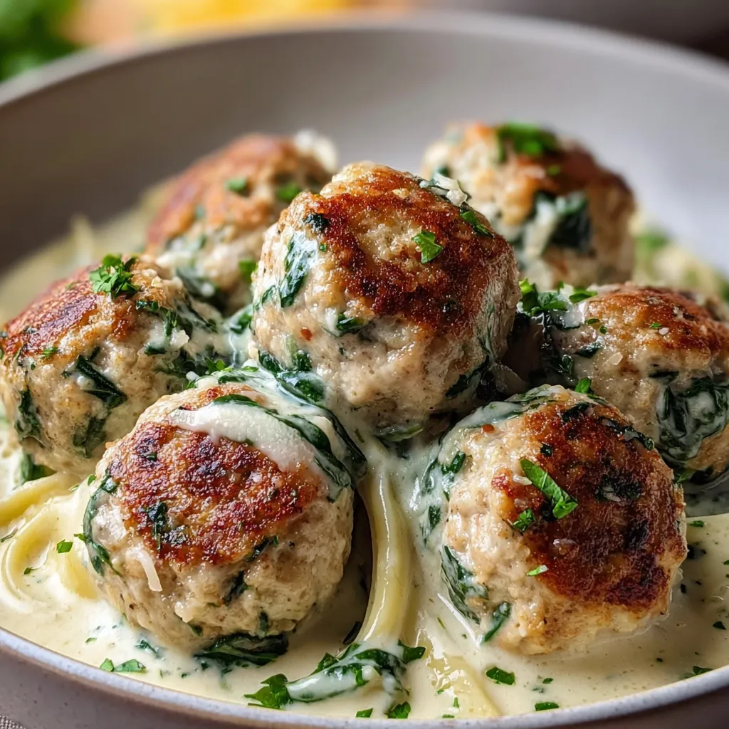 Chicken Ricotta Meatballs with Spinach Alfredo Sauce