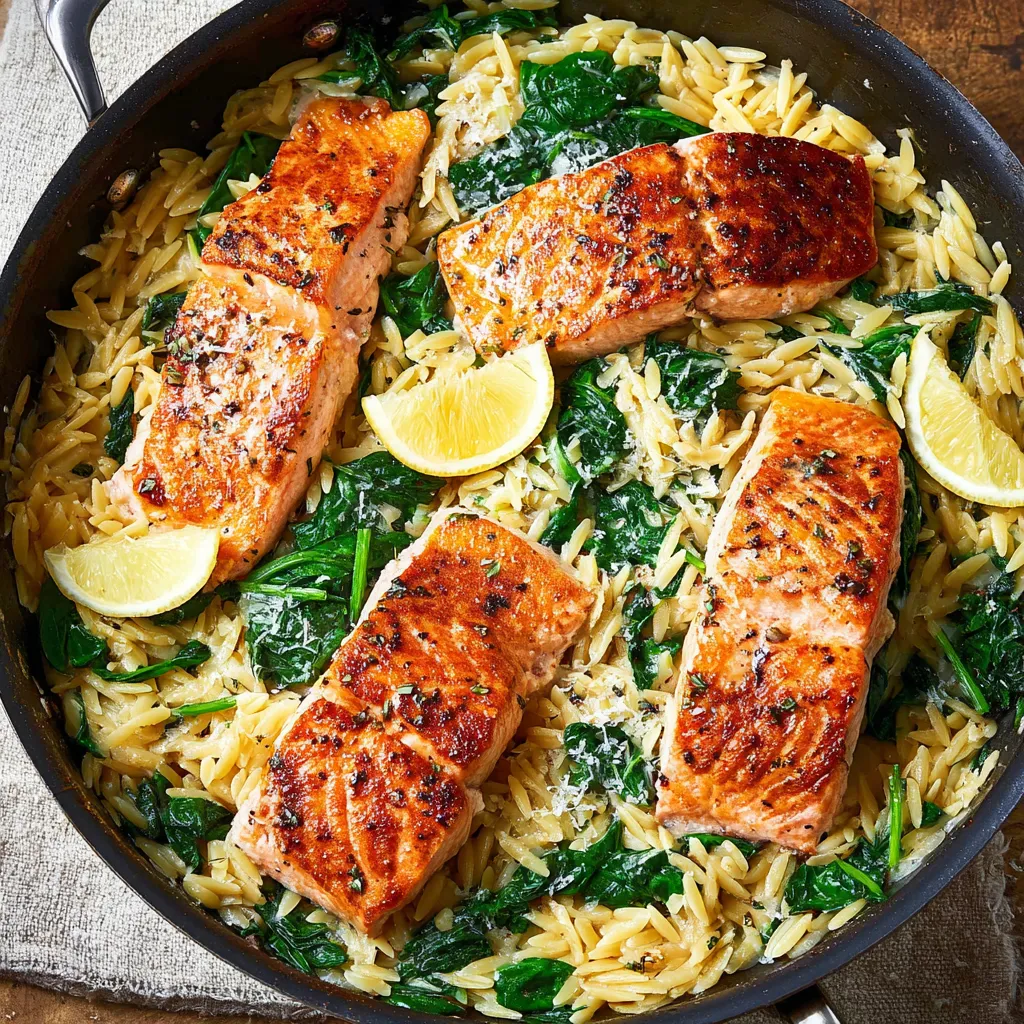 One Skillet Salmon with Lemon Orzo