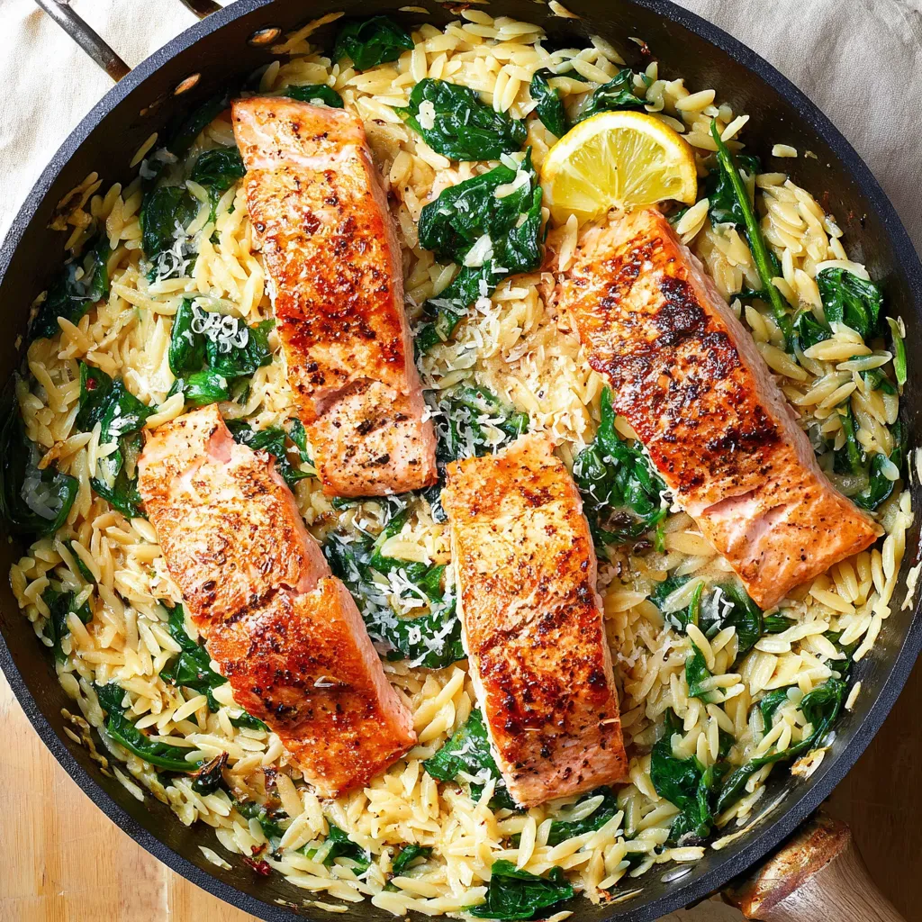 One Skillet Salmon with Lemon Orzo