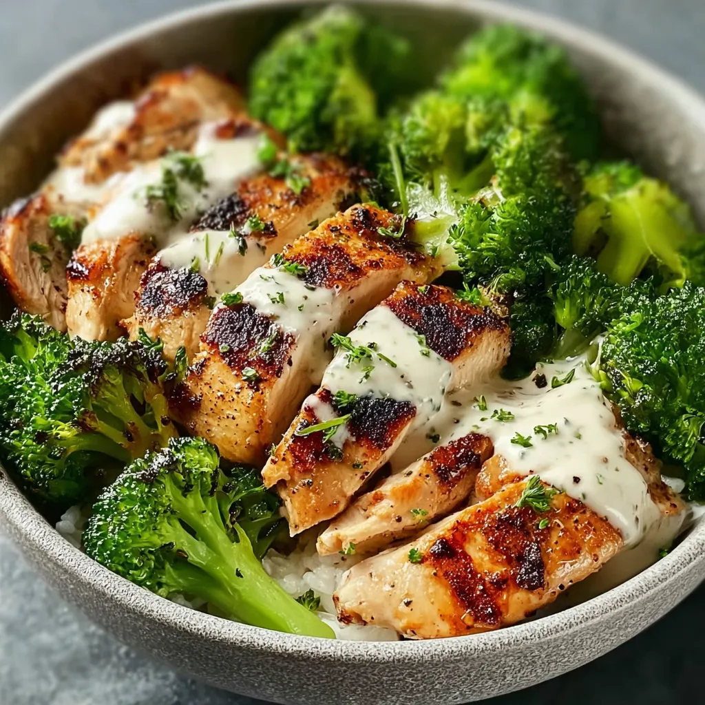 Grilled Chicken & Broccoli Bowls with Creamy Garlic Sauce Recipe