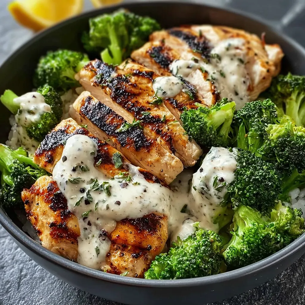 Grilled Chicken & Broccoli Bowls with Creamy Garlic Sauce Recipe