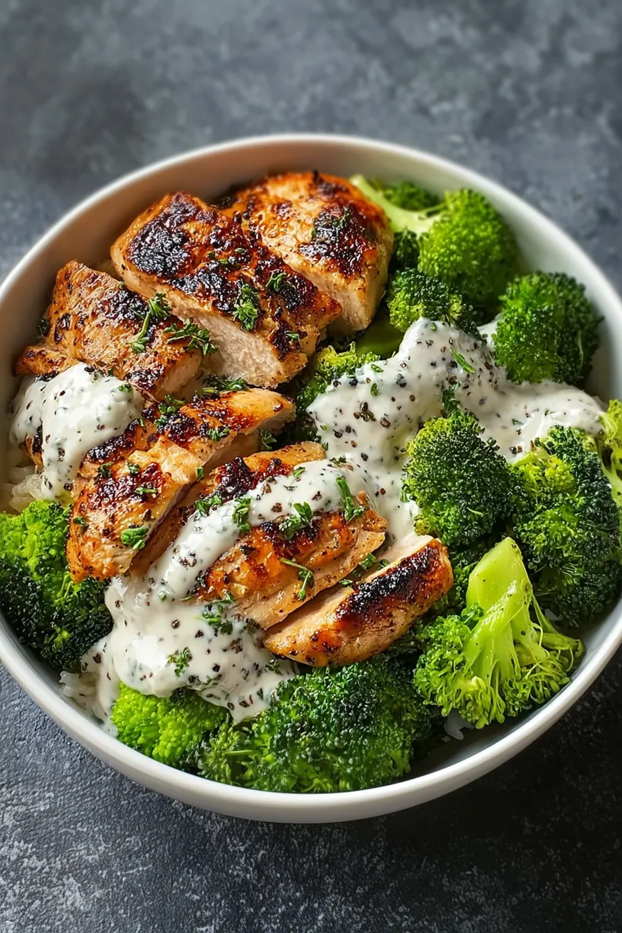Grilled Chicken & Broccoli Bowls with Creamy Garlic Sauce Recipe