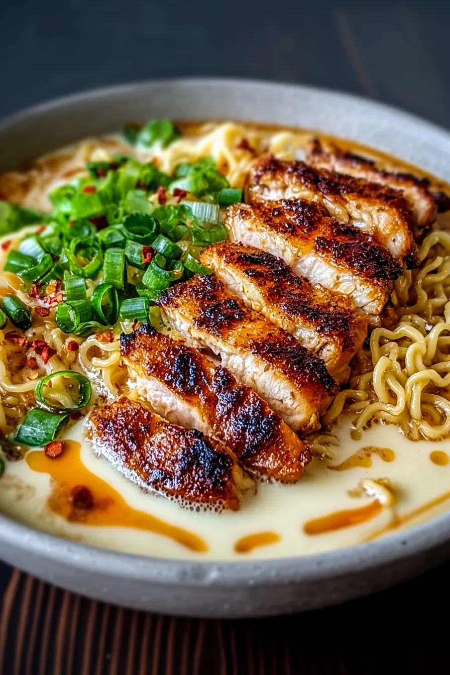 Fiery Chicken Ramen with Creamy Garlic Sauce