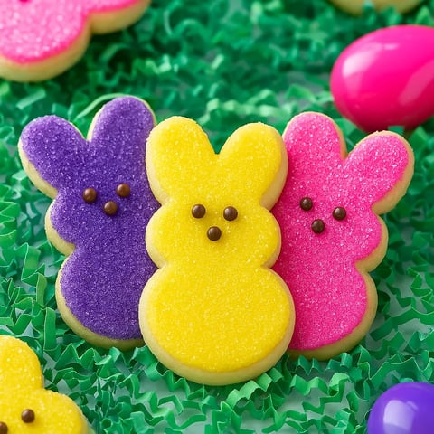 A close-up of three brightly decorated cookies with playful faces.