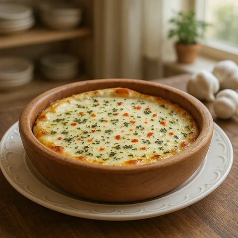 A bowl of garlic sauce on a wooden table.