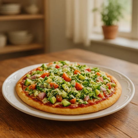 Pizza loaded with fresh veggies on a white plate.