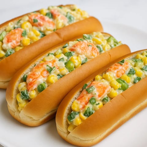 Warm buns filled with corn and lobster on a plate.