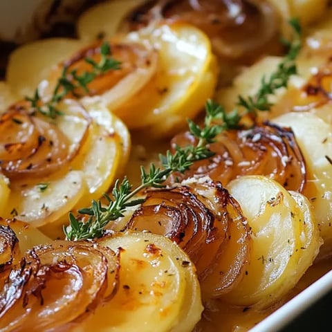 A casserole dish of melted cheese, onions, and potatoes.